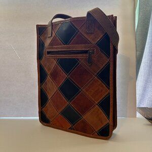 Vintage Patchwork Leather Tote – Brown & Black Boho Artisan Shoulder Bag